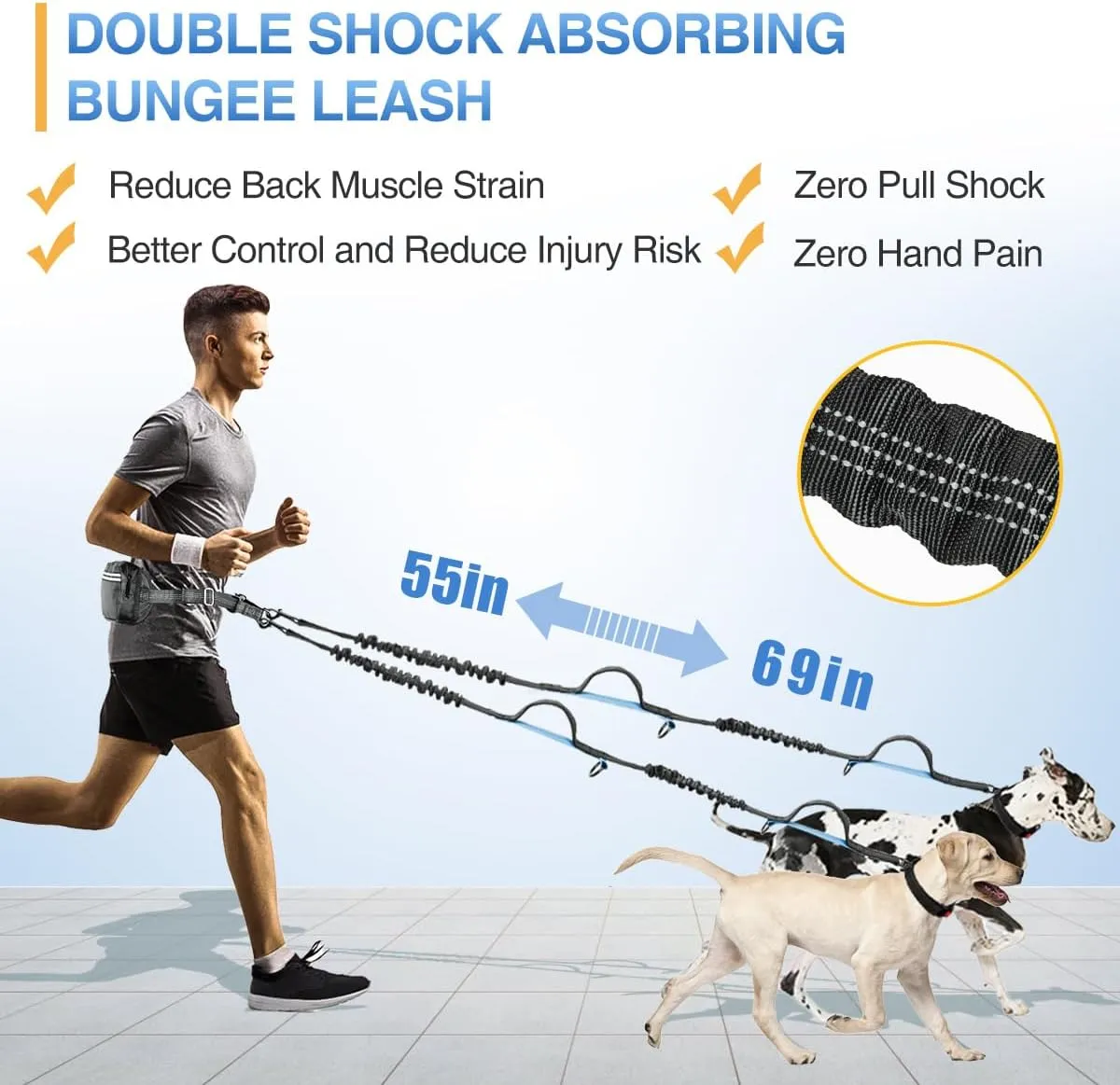 Kytely Hands-Free Dog Leash for 2 Dogs - Retractable Bungee Waist Leash with Zipper Pouch, Wide Padded Waist Belt & Dual Cushioned Handles for Running, Walking, Hiking, Jogging, and Dog Training