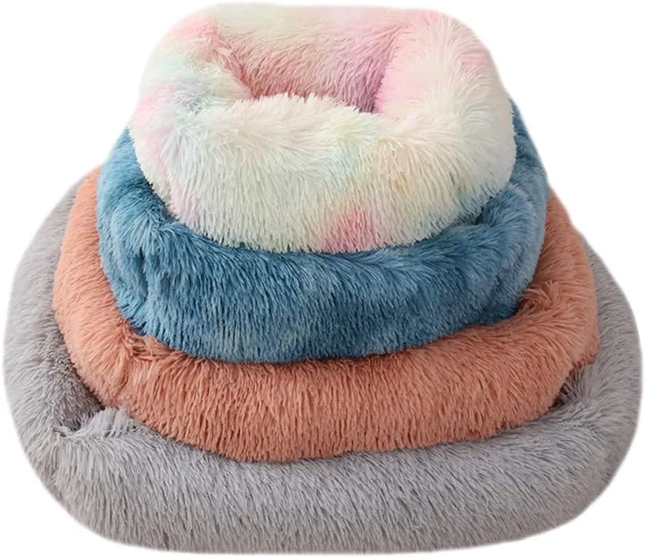 La La Pet Donut Dog Cat Bed Cozy Cave Pet Bed Burrow Dog Bed Calming Cuddler Self-Warming Pet Bed Soft Plush Pet Cushion Improved Sleep for Cats Small Medium Dogs Rainbow XS