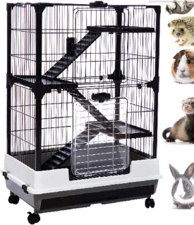 Large 4-Level Indoor Small Animal Pet Cage for Guinea Pig Ferret Chinchilla Cat Playpen Rabbit Hutch Solid Platform Ramp Easy Pull Out Washable Leakproof Litter Tray Large Access Doors Lockable Caster
