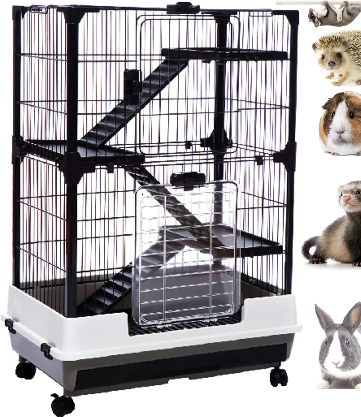 Large 4-Level Indoor Small Animal Pet Cage for Guinea Pig Ferret Chinchilla Cat Playpen Rabbit Hutch Solid Platform Ramp Easy Pull Out Washable Leakproof Litter Tray Large Access Doors Lockable Caster