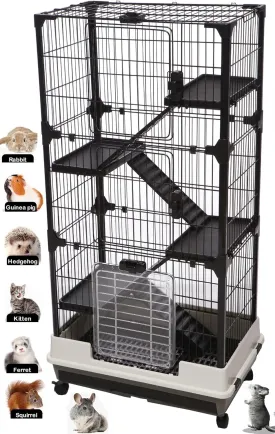 Large Multi-Level in/Outdoor Small Animal Cage for Guinea Pig Ferret Squirrel Chinchilla Cat Playpen Rabbit Hutch with Solid Platform & Ramp Leakproof Litter Removable Easy Clean Tray On Wheels