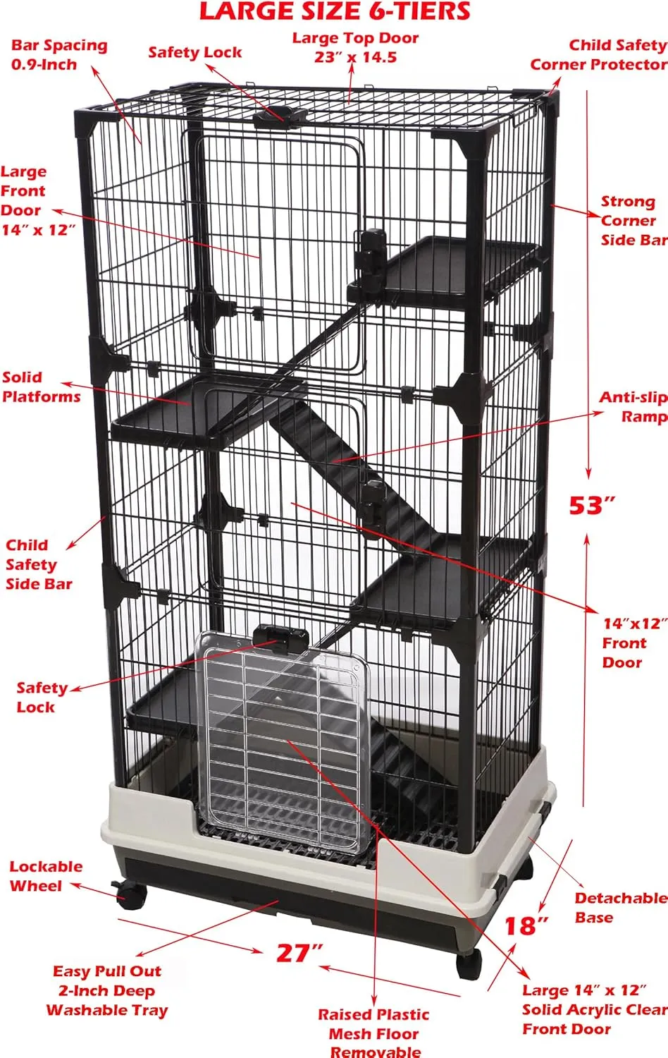 Large Multi-Level in/Outdoor Small Animal Cage for Guinea Pig Ferret Squirrel Chinchilla Cat Playpen Rabbit Hutch with Solid Platform & Ramp Leakproof Litter Removable Easy Clean Tray On Wheels