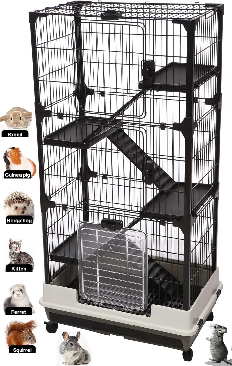 Large Multi-Level in/Outdoor Small Animal Cage for Guinea Pig Ferret Squirrel Chinchilla Cat Playpen Rabbit Hutch with Solid Platform & Ramp Leakproof Litter Removable Easy Clean Tray On Wheels