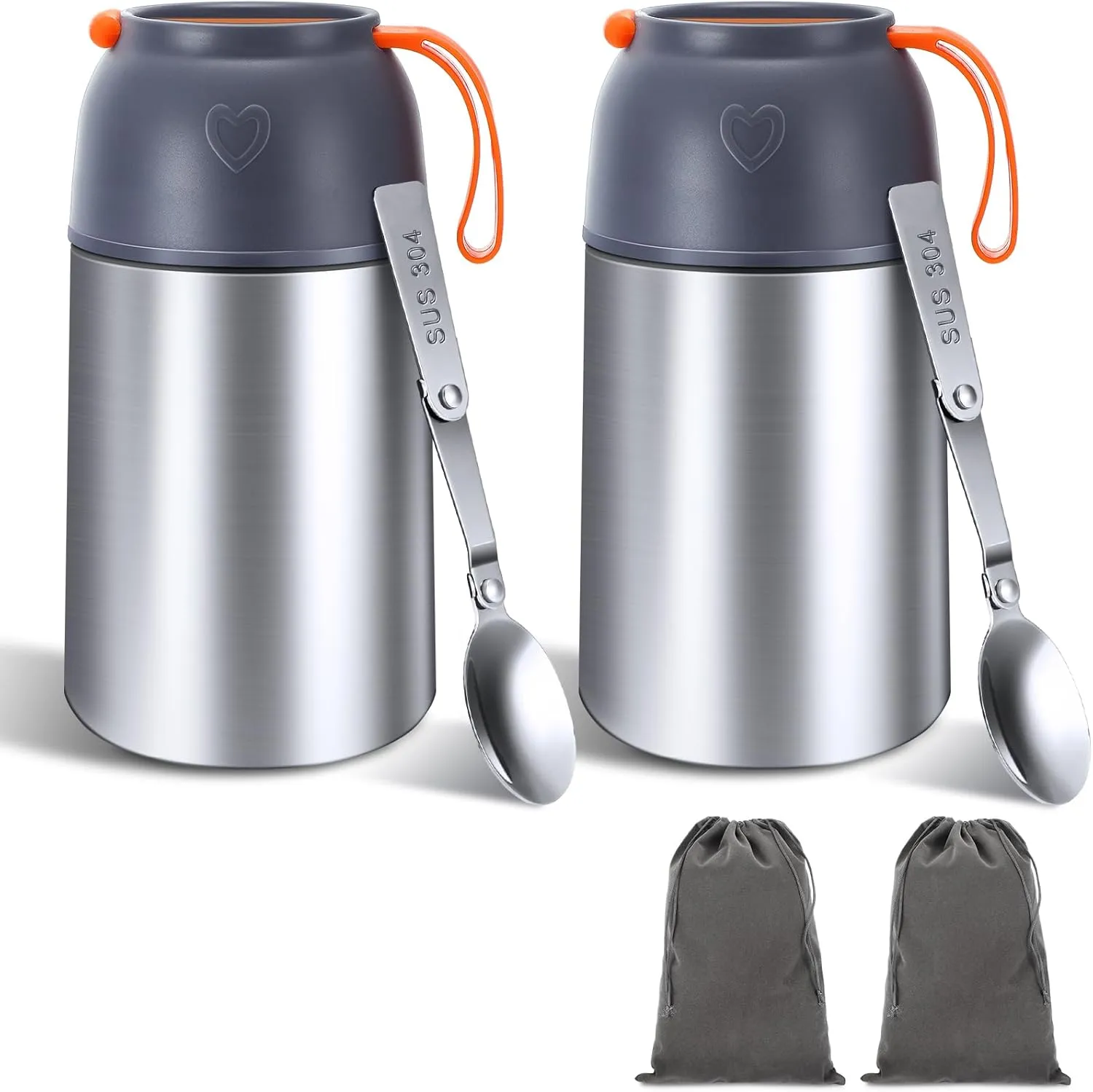 Layhit 2 Sets 24oz Vacuum Insulated Food Jar Stainless Steel Soup Bowl Safety Hot and Cold Lunch Containers Includes Folding Spoon and Cup for Adult, Office Travel Outdoors, Grey