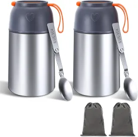 Layhit 2 Sets 24oz Vacuum Insulated Food Jar Stainless Steel Soup Bowl Safety Hot and Cold Lunch Containers Includes Folding Spoon and Cup for Adult, Office Travel Outdoors, Grey