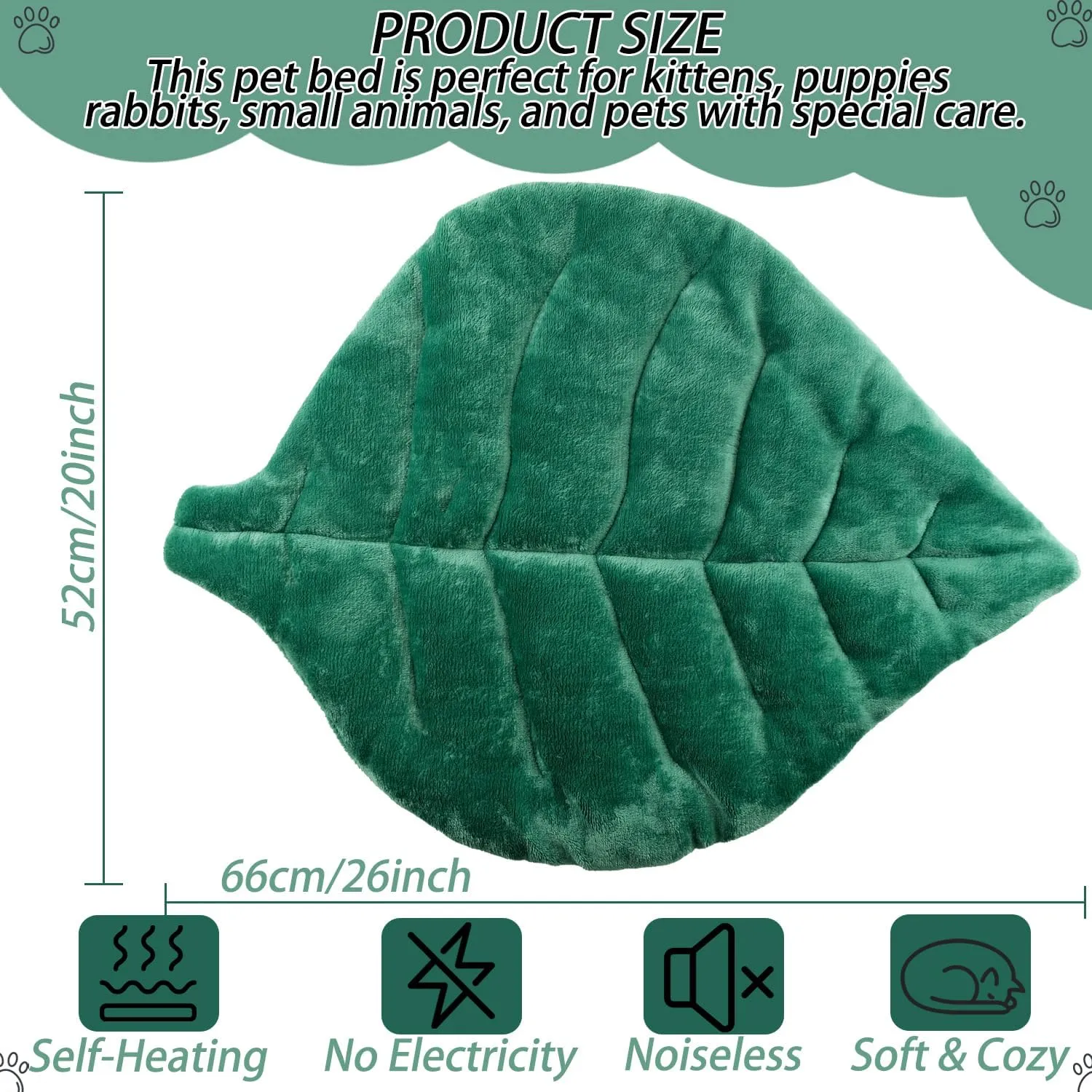 Leaf Shaped Self-Warming Cat Bed Mat  26"x20" Flannel & Cotton Pet Pad, Warm Pet Cat Mat for Indoor, Soft Kitten Cushion & Puppy Mattress (Green)