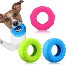 Leitee 3 Pieces Tire Chew Toy Treat Dispenser Indestructible Rubber Toy for Small to Medium Dogs Puppy Aggressive Chewers - Blue, Red, Yellow