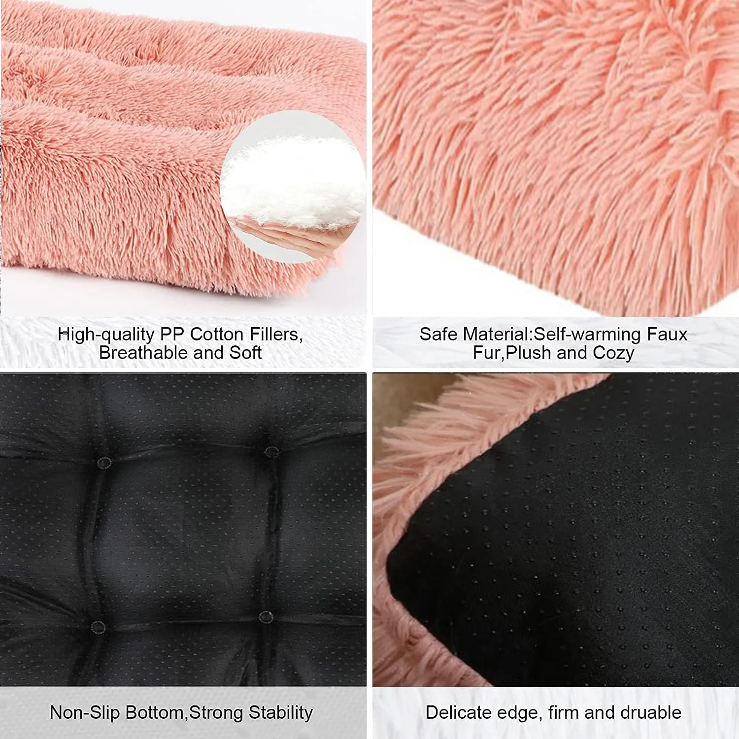 Liveinu Long Plush Calming Pet Bed Cuddler Pet Bed for Dogs and Cats Fluffy Faux Fur Dog Bed with Anti Slip Bottom Machine Washable Pet Sleep Bed Crate Mat Hot Pink M