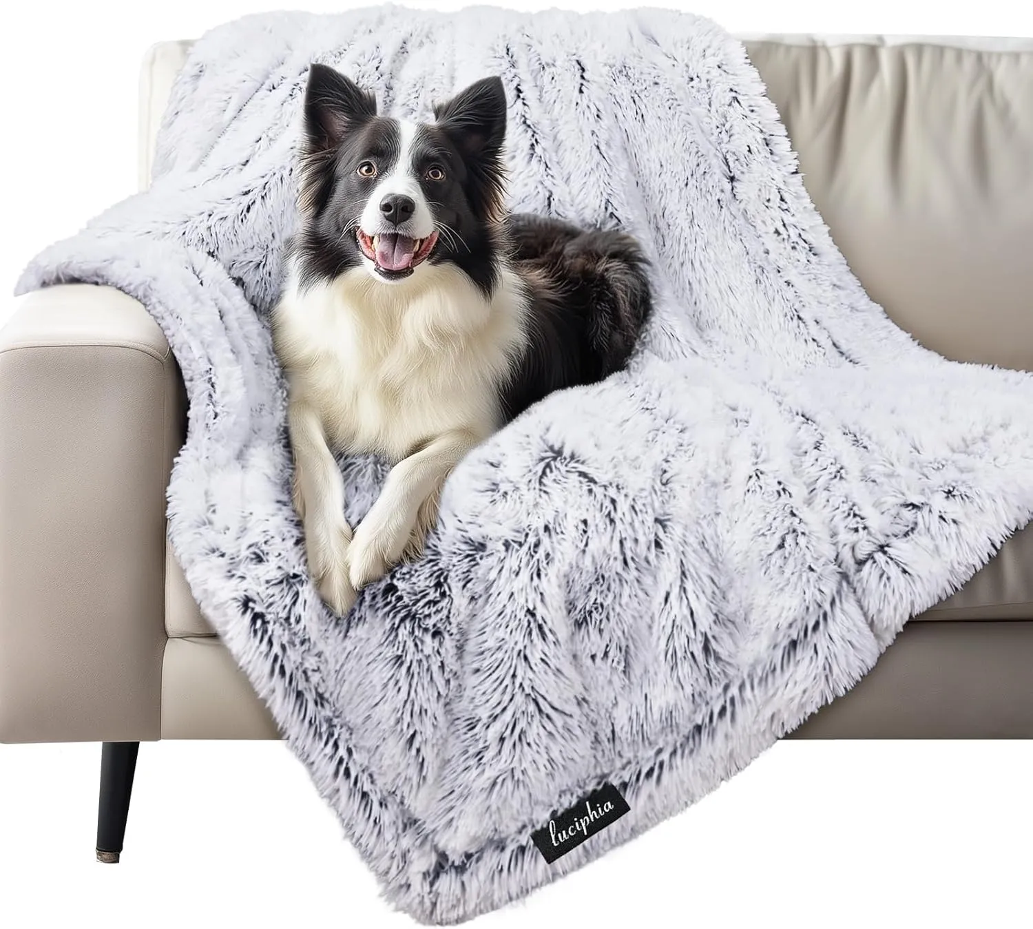 Luciphia Large Waterproof Dog Blanket for Pet Washable Liquid Proof Furniture Protector Shaggy Plush Calming Long Faux Fur Bed Cover for Couch Calming Cat Blankets for Medium, Mist Grey, 50" x 60"