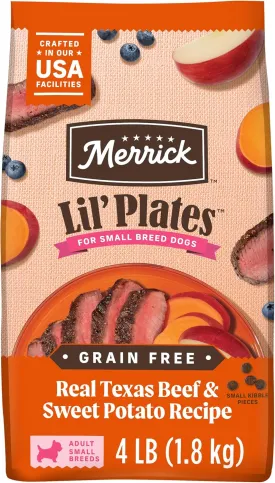 Merrick Lil Plates Premium Grain Free Dry Dog Food For Small Dogs, Real Texas Beef And Sweet Potato Kibble - 4.0 lb. Bag