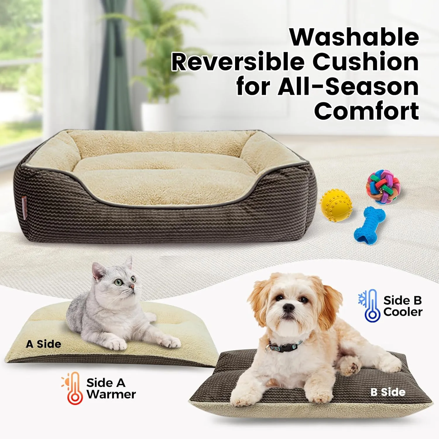 Miguel Dog Bed with Removable Cushion/Pillow for Medium Small Dogs, Washable Pet Bed with Side Easy to Wash Puppy Bed, Large Rectangle Cat Bed for Indoor Cat with Anti-Slip Bottom, Brown 30 Inch