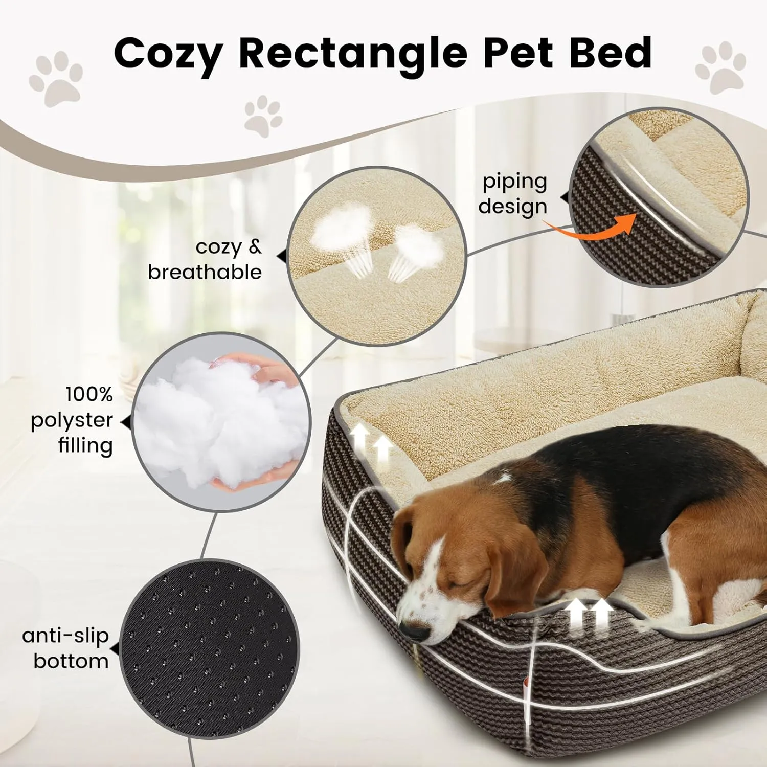 Miguel Dog Bed with Removable Cushion/Pillow for Medium Small Dogs, Washable Pet Bed with Side Easy to Wash Puppy Bed, Large Rectangle Cat Bed for Indoor Cat with Anti-Slip Bottom, Brown 30 Inch