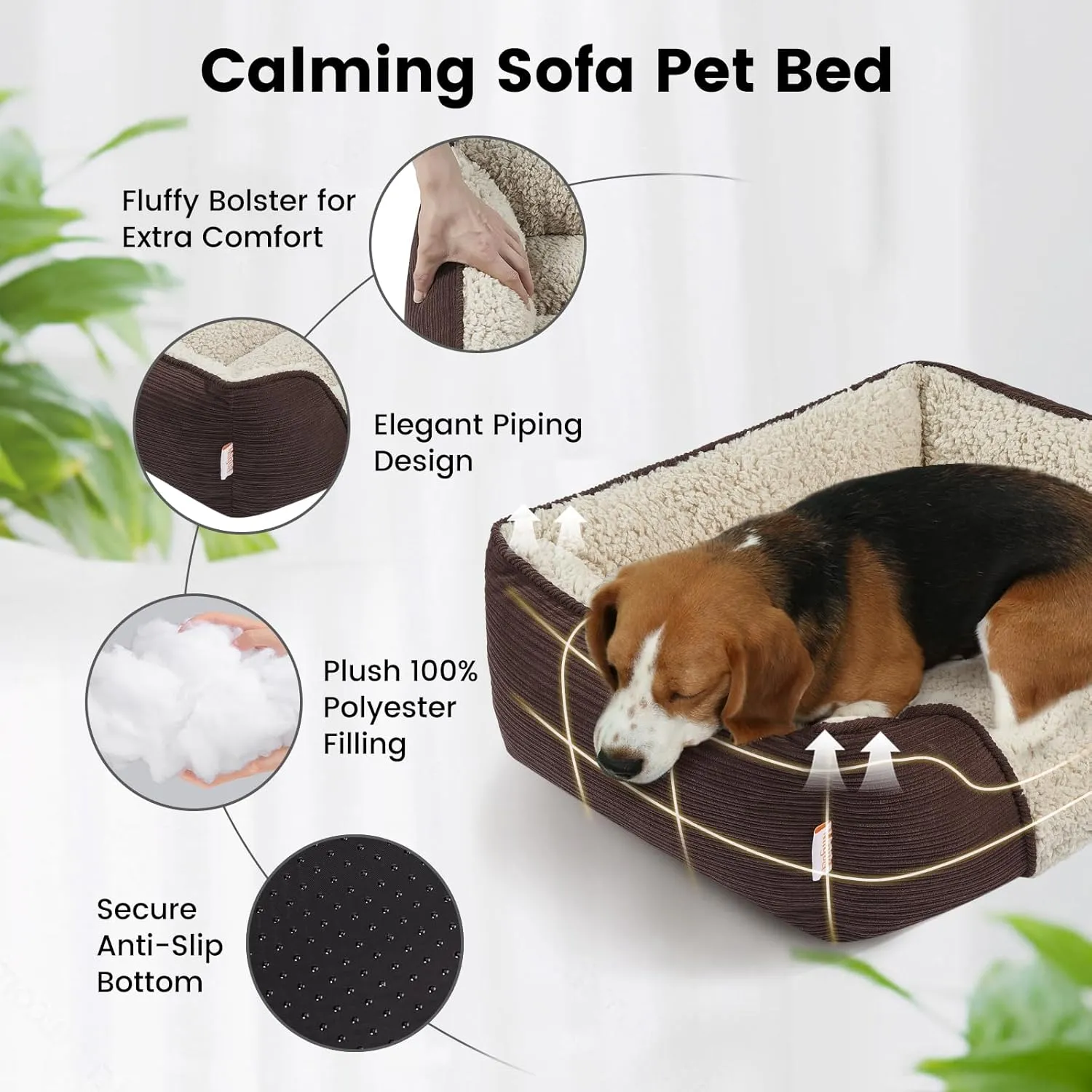 Miguel Washable Cat Bed for Indoor Cats With Removable Cushion, Easy to Wash Small Pet Sofa With Side, Rectangle Bolster Kitten Calming Cuddle Puppy Bed, Anti-Slip Bottom, Brown 20 Inch