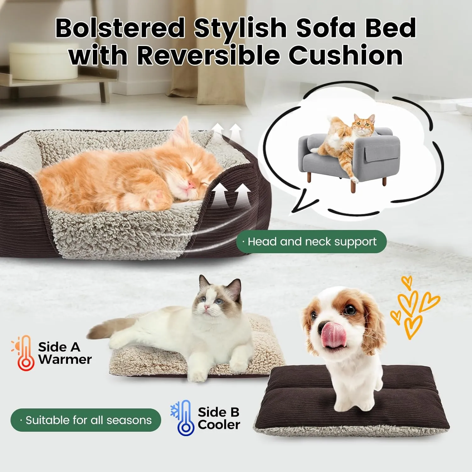 Miguel Washable Cat Bed for Indoor Cats With Removable Cushion, Easy to Wash Small Pet Sofa With Side, Rectangle Bolster Kitten Calming Cuddle Puppy Bed, Anti-Slip Bottom, Brown 20 Inch