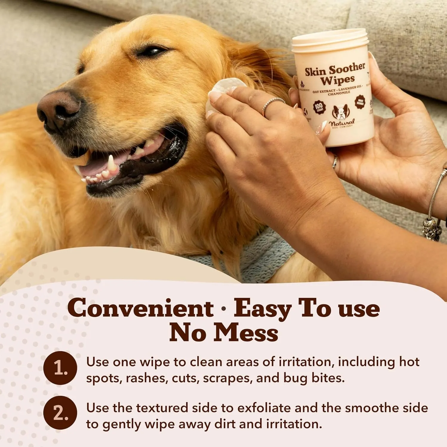 Natural Dog Company Skin Soother Wipes, 100 Count, Pet Wipes for Dogs, Hypoallergenic Formula, Dog Moisturizer for Dry Skin, Grooming Wipes for Dogs, Pet Itch Relief for Dogs