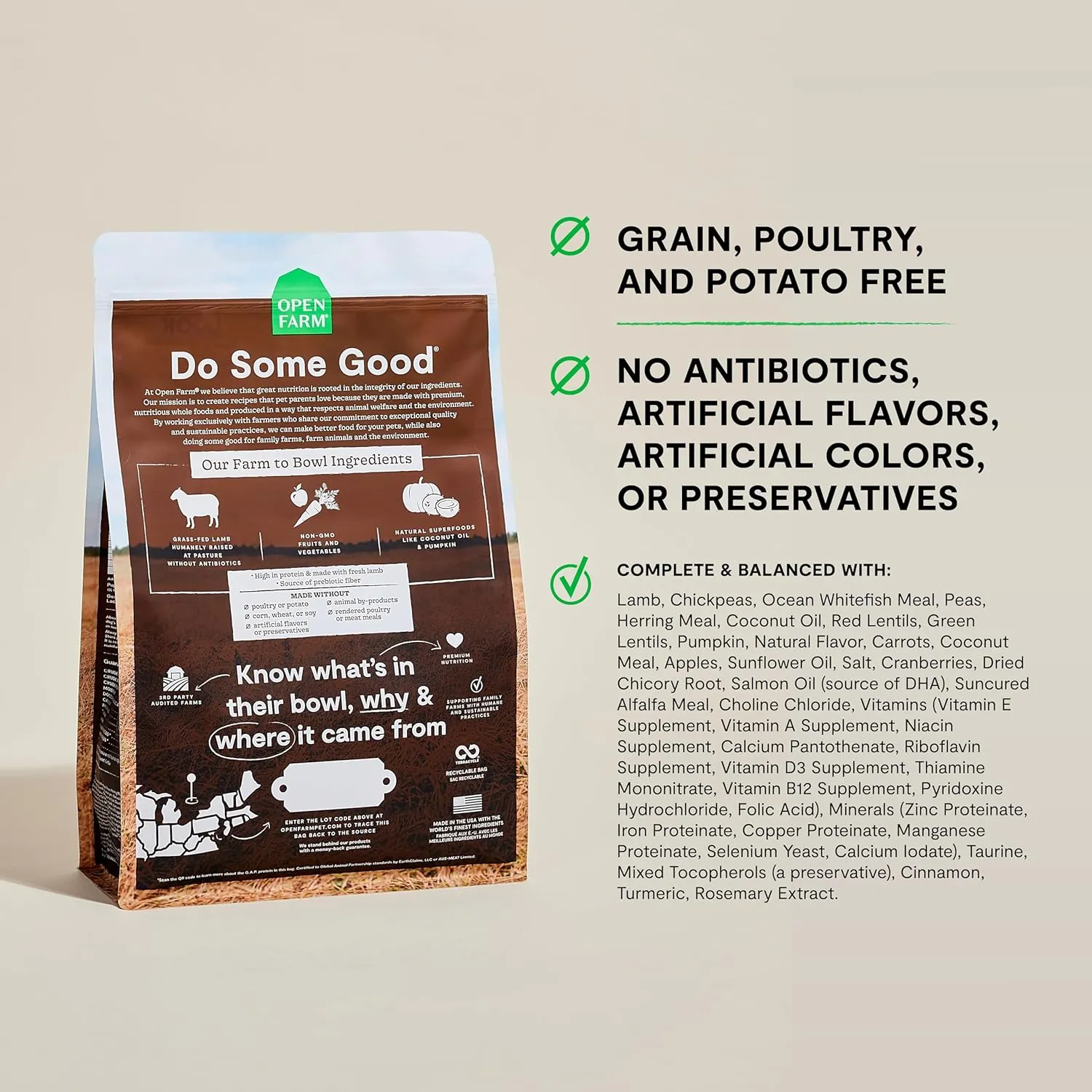 Open Farm, Grain-Free Dry Dog Food, Complete & Balanced Kibble, Sustainably & Ethically Sourced Ingredients, Non-GMO Veggies & Superfoods Support Overall Health, Pasture Raised Lamb Recipe, 4lb Bag