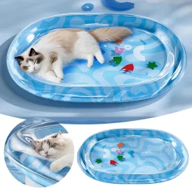 Pet Cooling Bed for Dogs Cats, Thickened Non-Slip Cat Play Mat with Floating Fish Design, Summer Cooling Gel Pad, Durable & Easy-Clean Playmat (Blue)