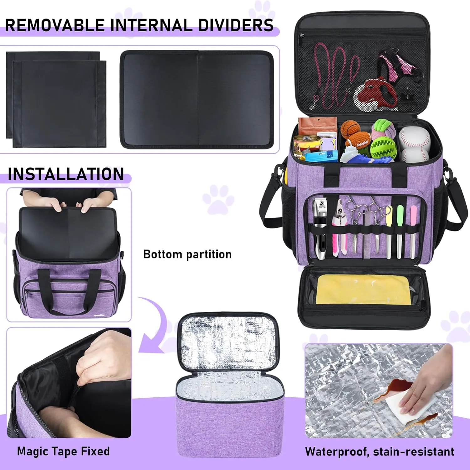 Pet Grooming Bag, GMAK Pet Grooming Tote Bags Supplies Organizer Case Dogs Cats Tool Organizer Tote for Pets Grooming Tools Kit, Clippers, Brush, Scissors or Other Pets Care Supplies, Purple(Bag Only)