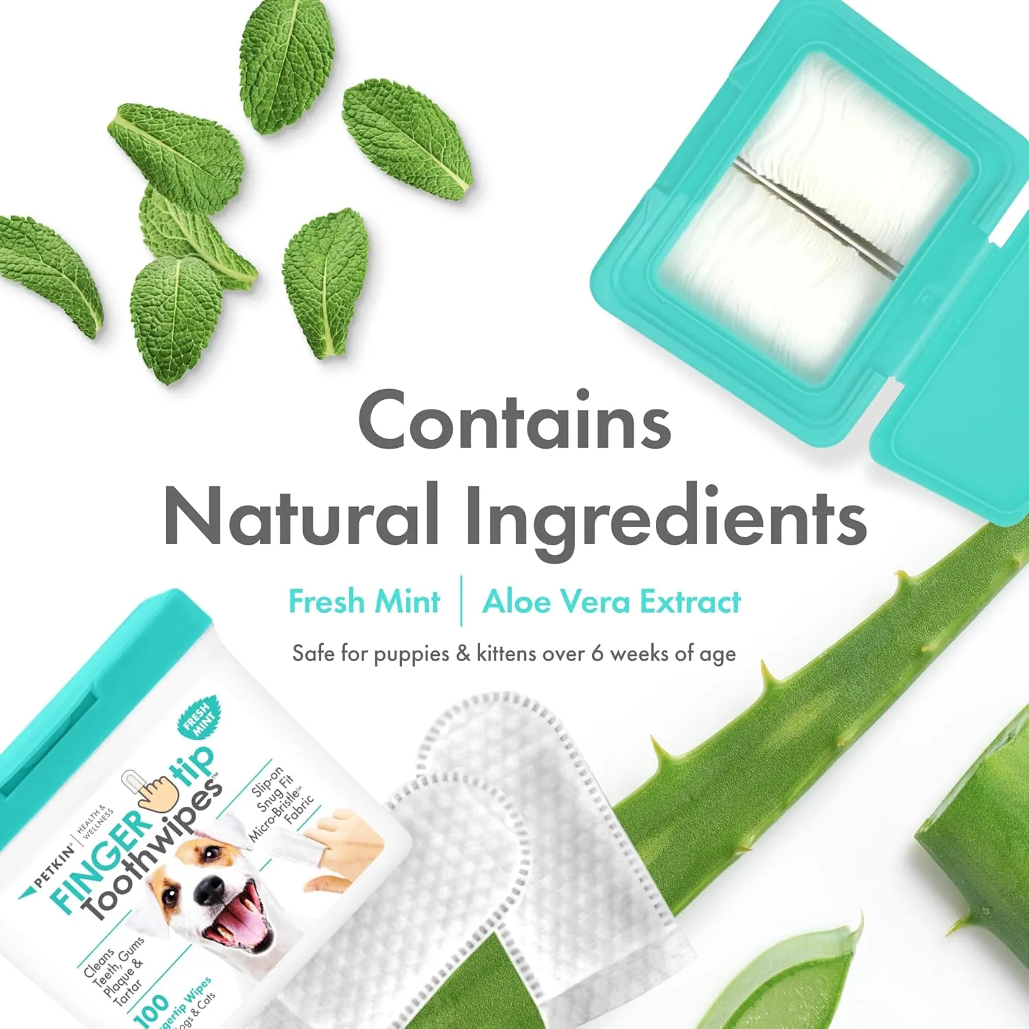 Petkin Fingertip Tooth Wipes for Dogs and Cats, 100 Finger Wipes - Slip-On, Snug Fit, Micro-Bristle Fabric - Cleans Teeth, Gums, Plaque & Tartar - Convenient, Ideal for Home and Travel - Fresh Mint