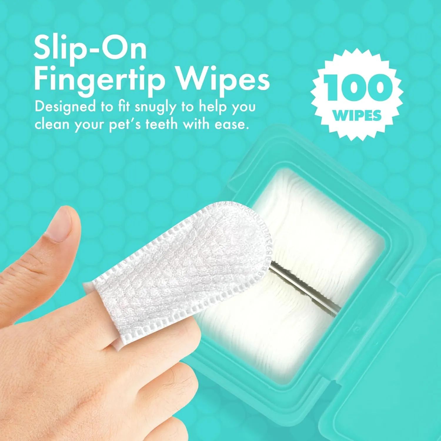 Petkin Fingertip Tooth Wipes for Dogs and Cats, 100 Finger Wipes - Slip-On, Snug Fit, Micro-Bristle Fabric - Cleans Teeth, Gums, Plaque & Tartar - Convenient, Ideal for Home and Travel - Fresh Mint