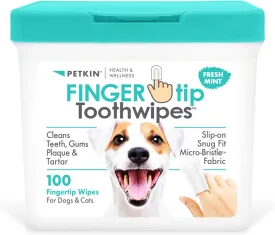 Petkin Fingertip Tooth Wipes for Dogs and Cats, 100 Finger Wipes - Slip-On, Snug Fit, Micro-Bristle Fabric - Cleans Teeth, Gums, Plaque & Tartar - Convenient, Ideal for Home and Travel - Fresh Mint