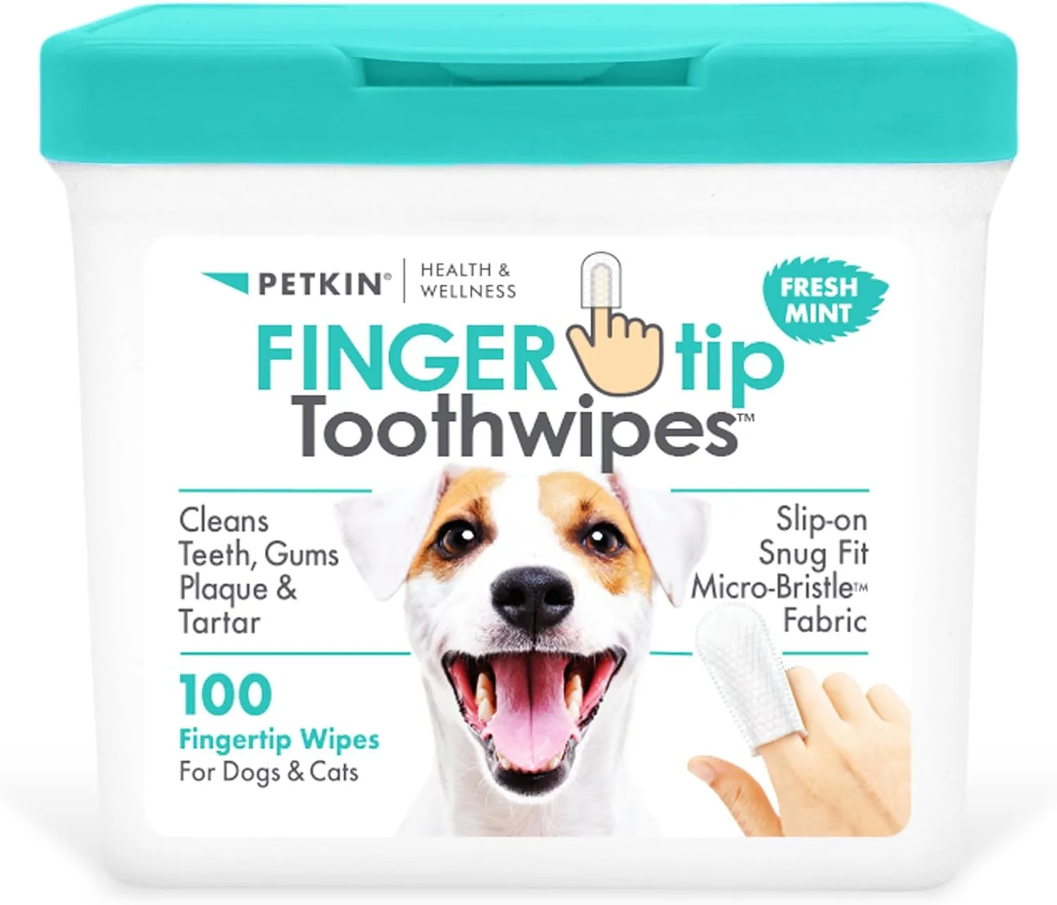 Petkin Fingertip Tooth Wipes for Dogs and Cats, 100 Finger Wipes - Slip-On, Snug Fit, Micro-Bristle Fabric - Cleans Teeth, Gums, Plaque & Tartar - Convenient, Ideal for Home and Travel - Fresh Mint