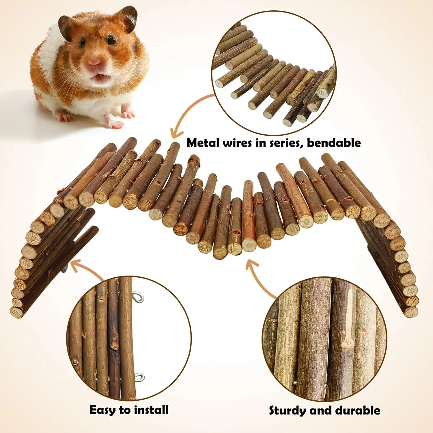 PINVNBY Hamster Wooden Bridge Rat Bendable Tunnel Wooden Fence Chew Toy Hamster Cage Accessories Long Climbing Ladder fo Gerbil Chipmunk and Other Rodents (H:19.7&11.8in)