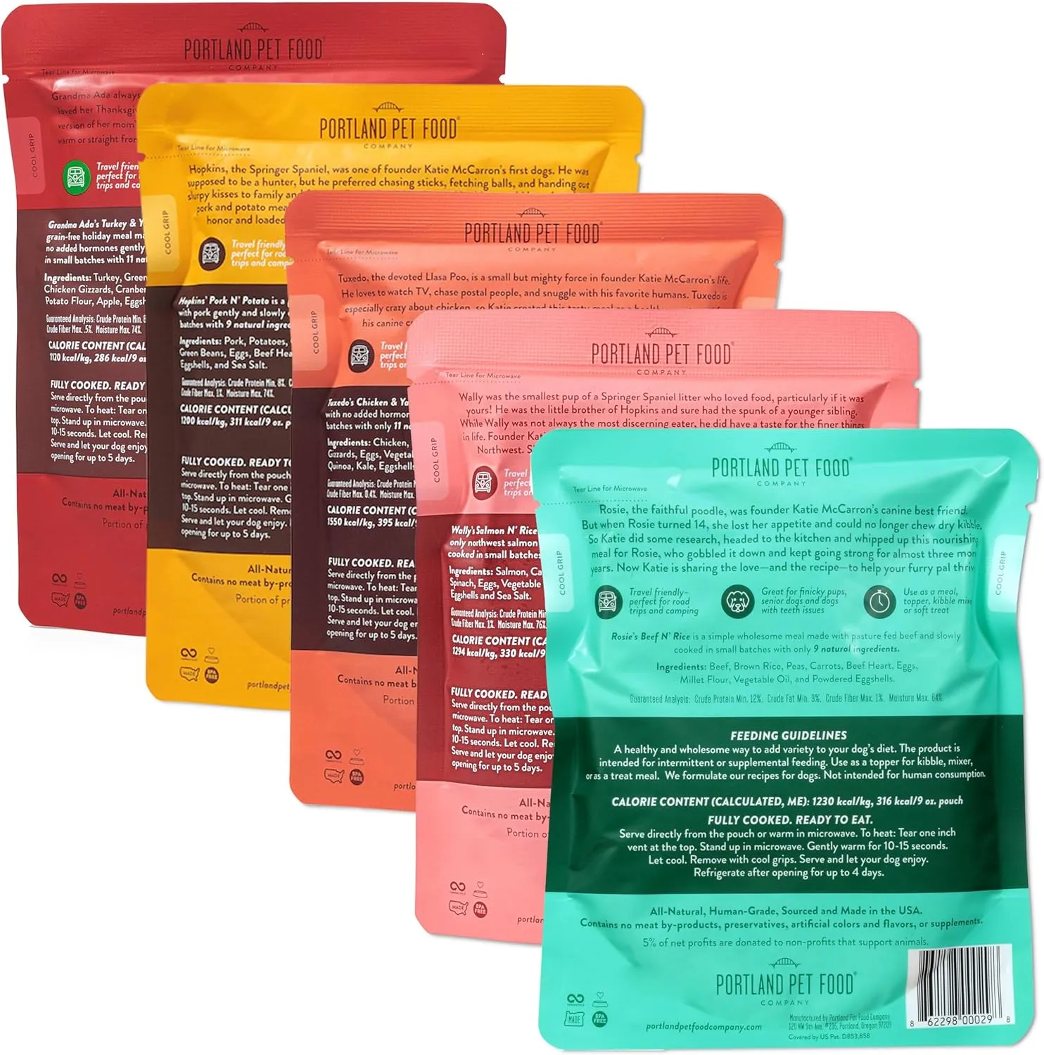Portland Pet Food Company Mixed Fresh Dog Food Pouches Variety Pack - Human-Grade, Gluten-Free Wet Pet Meal Topper Mix-Ins & Meals - Small & Large Breed Puppy & Senior Dogs - Made in the USA - 5 Pack