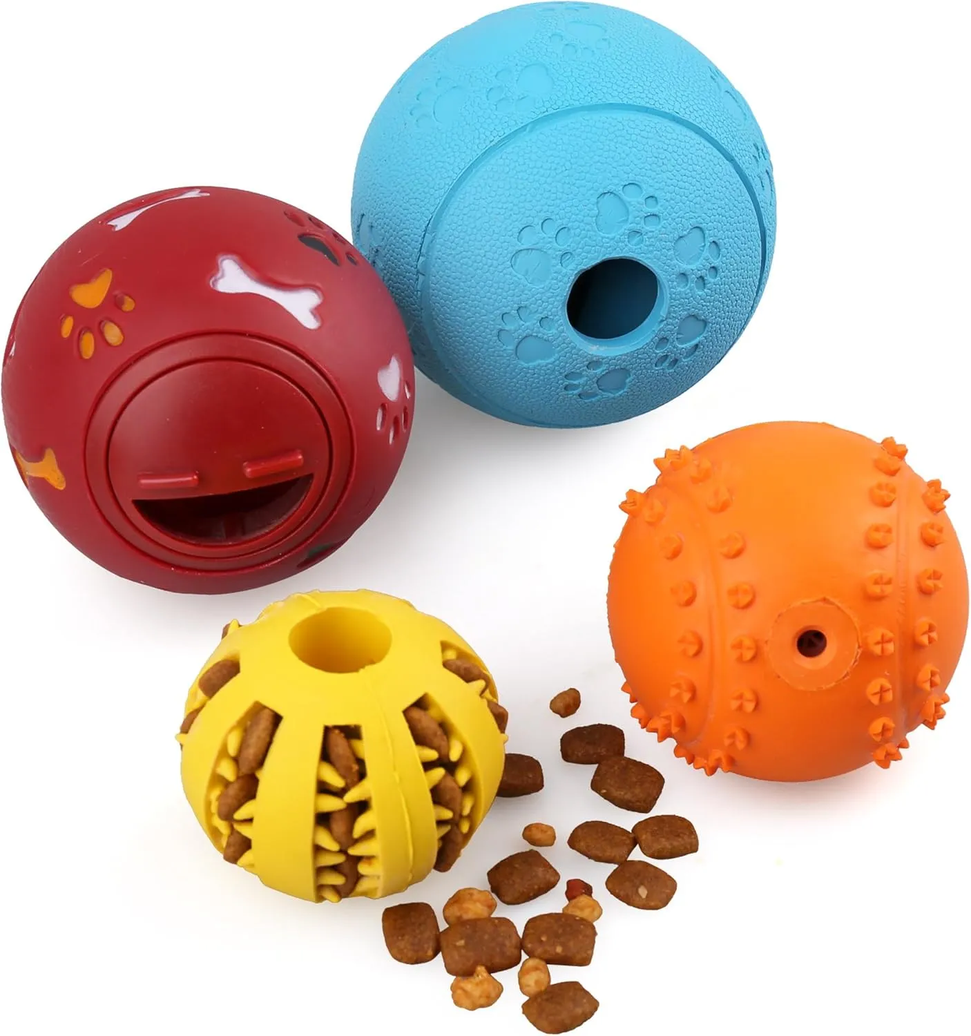 PrimePets Dog Treat Ball, 4 Pack Interactive Food Dispensing Puppy Puzzle Toy, Non-Toxic, Natural Rubber, for Tooth Cleaning, IQ Training, Chewing, Playing