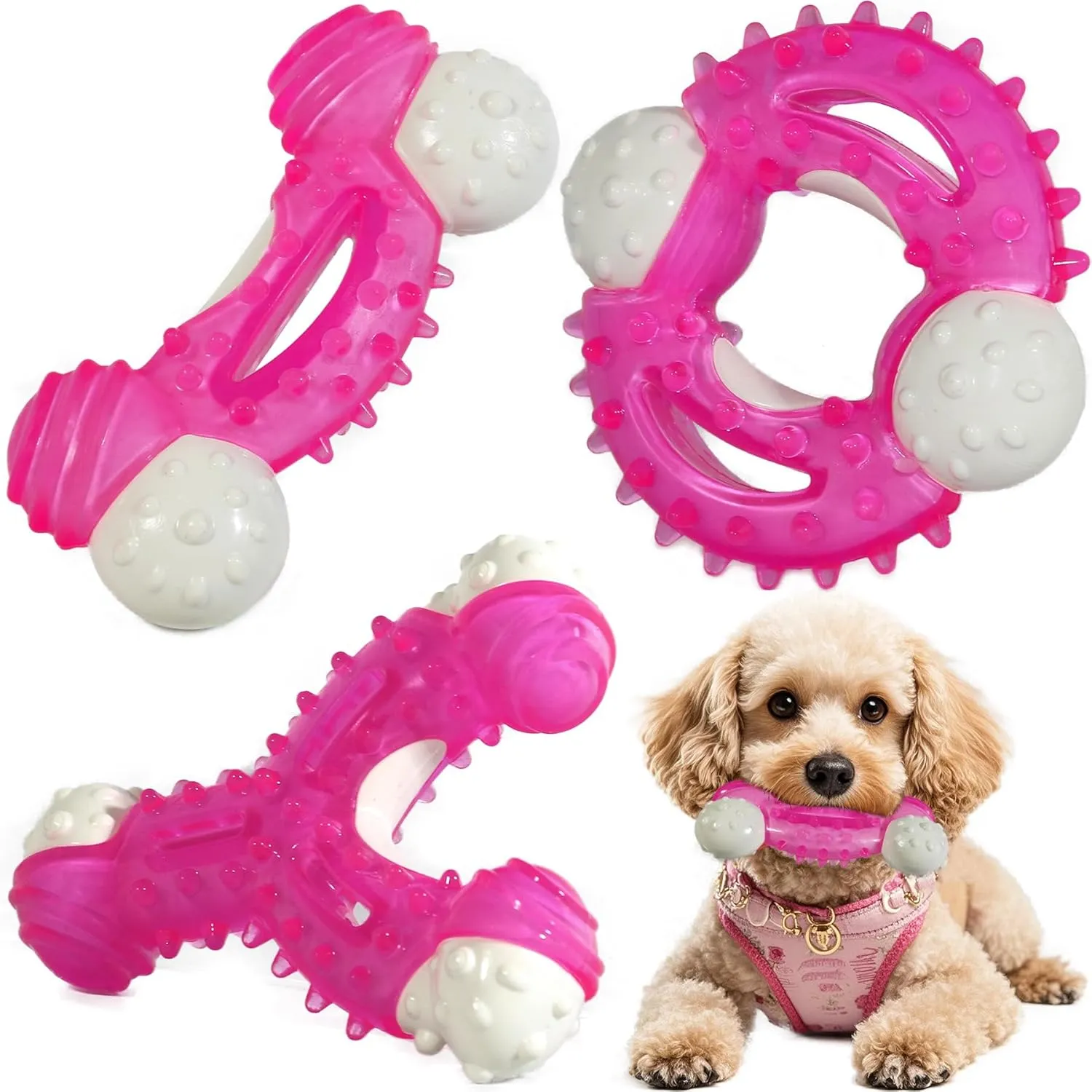 Puppy Chew Toys for Teething 3 Pack - Tough Dental Puppy Toys for Light Chewers Small/Medium Breeds, Cute Pink Rubber-Coated Nylon Bone Toy for Teething Puppies