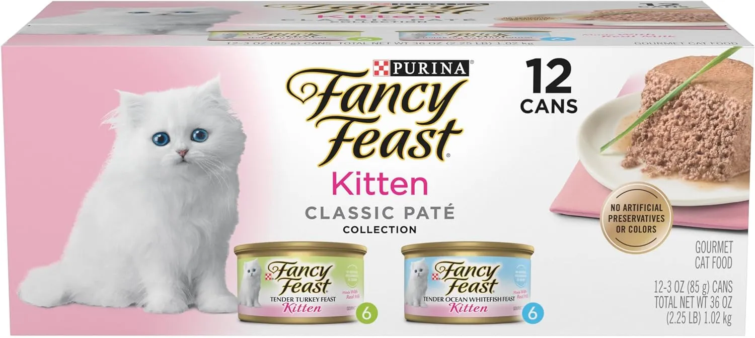 Purina Fancy Feast Kitten Tender Ocean Whitefish Feast and Tender Turkey Feast Wet Kitten Food Variety Pack - (2 Packs of 12) 3 oz. Cans