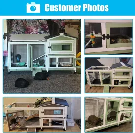 Rabbit Hutch Indoor Outdoor Two Story Bunny Hutch with Wheels Guinea Pig Cage with Removable No Leaking Tray Wooden Pet House