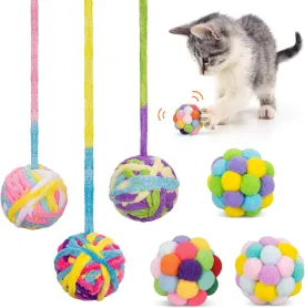 Retro Shaw Cat Toys Ball 6 Pcs,Yarn Cat Balls with Bells Inside,Interactive Kitten Toys for Indoor Kitten Chew,Kitty Toys Fuzzy Ball with String
