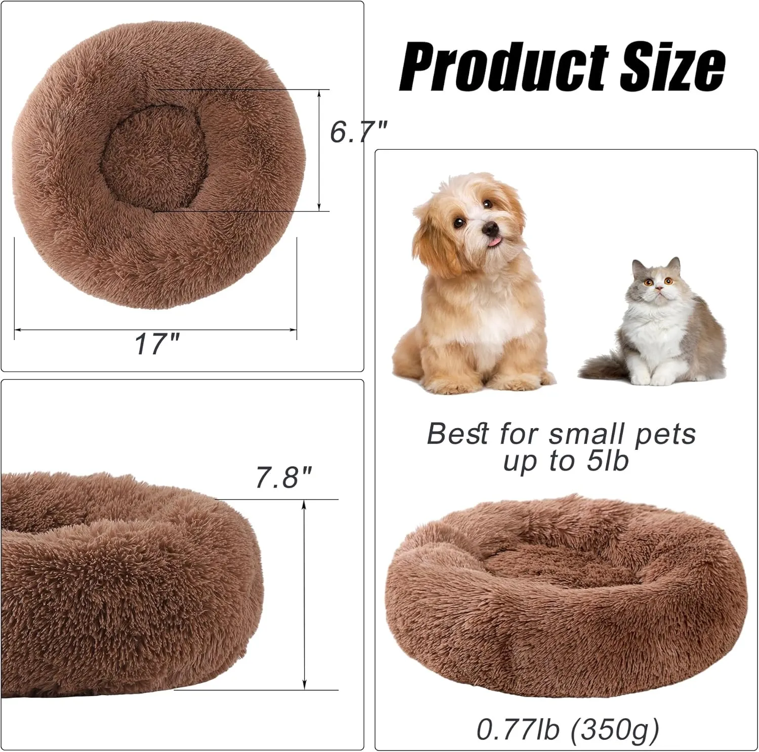 Small Dog Bed, Cat Beds for Indoor Cats, Calming Anti-Anxiety Donut Bed for Puppy and Kitten, Washable Round Fluffy Pet Bed for Extra Small Dogs and Cats(Fits up to 5 lbs Pets)