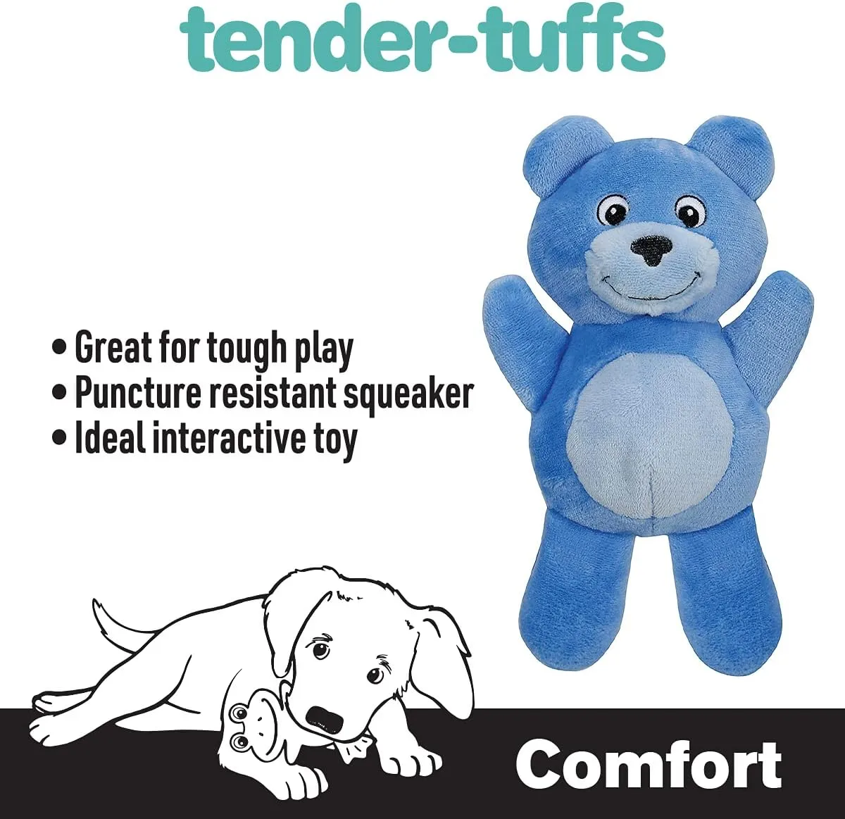 SmartPetLove Tender-Tuffs - Comfort Plush - Tough Dog Toy - Proprietary TearBlok Technology - Soft Blue Bear with Squeaker