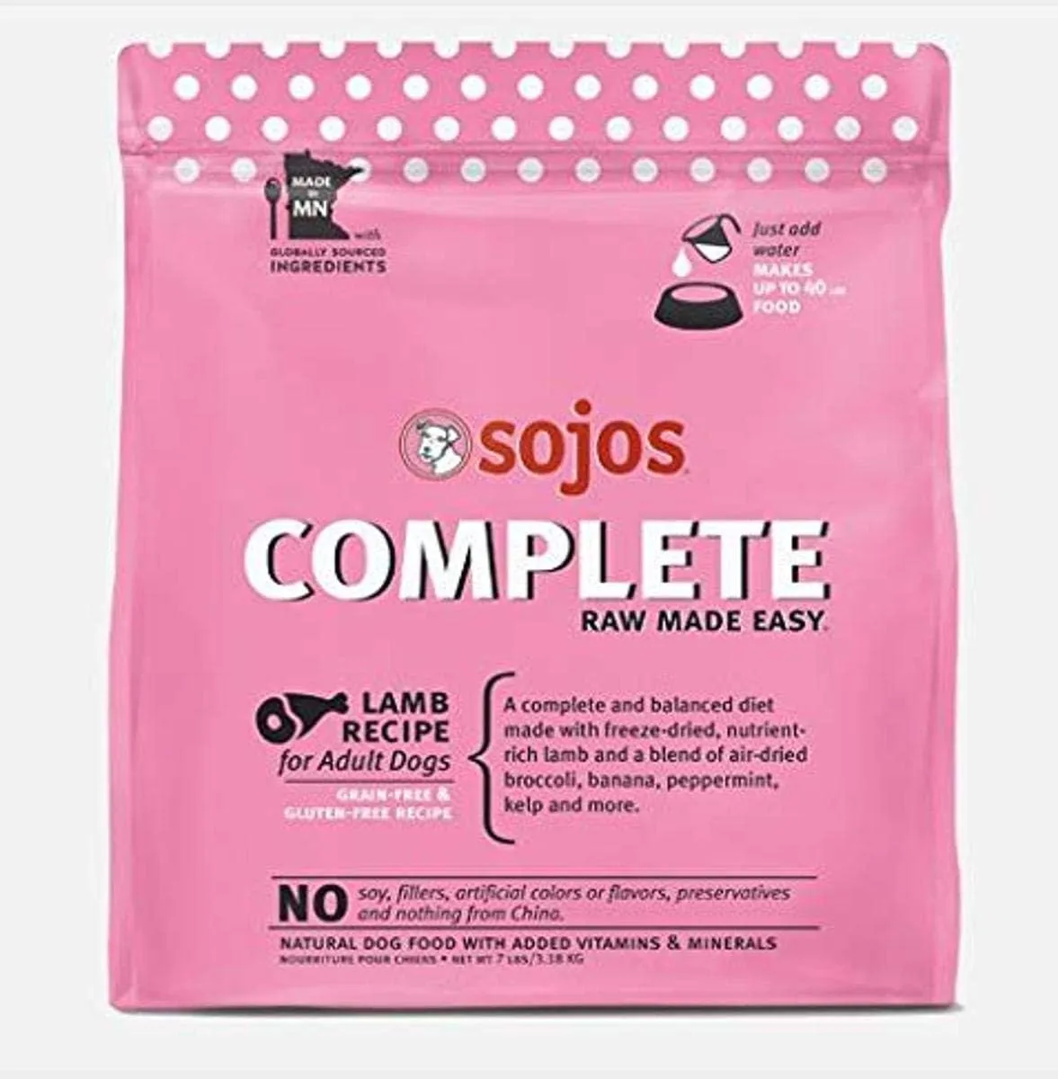 SOJOS Complete Grain Free Freeze-Dried Lamb Raw Natural Dry Dog Food Mix, 8-Pound Bag