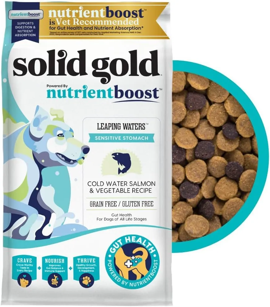 Solid Gold Salmon Dog Food for Sensitive Stomachs  Grain Free & Gluten Free Kibble w/Probiotics to Support Gut Health & Digestion - Sensitive Stomach Dog Food for All Ages  Nutrientboost  3.75 LB