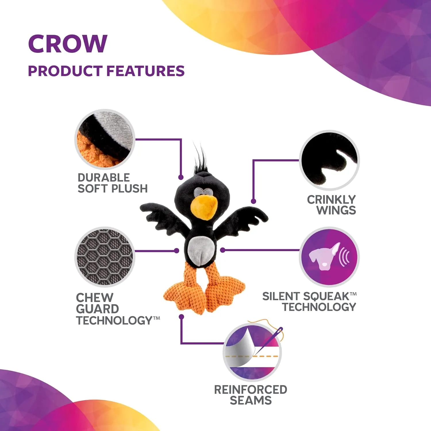 Strong 'N Silent Birds Crow Silent Squeak Plush Dog Toy, Chew Guard Technology - Black, Large