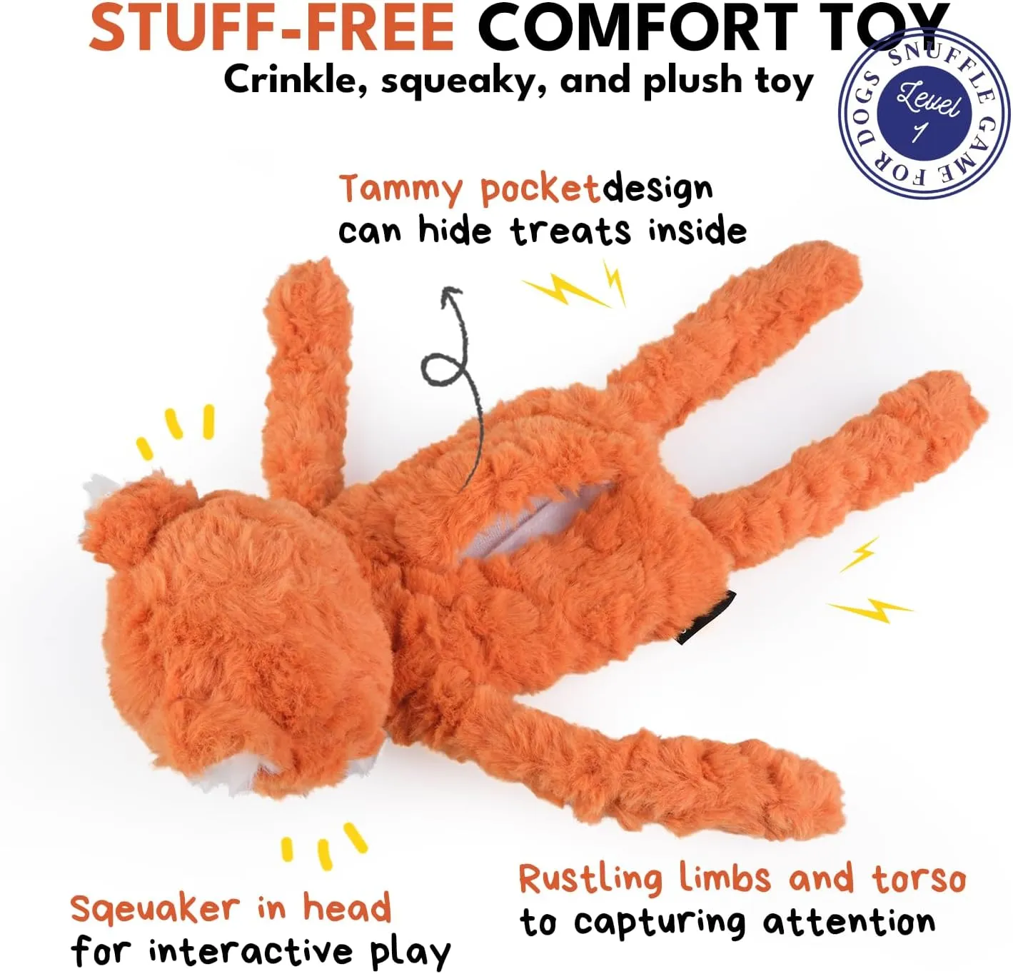 Stufless Dog Toy, Interactive Dog Toys, Plush Puppy Squeaky Toy with Fox Design, Puppy Puzzle Toys Stress Release Game for Boredom, Crinkle Snuffle Puzzle for Small Medium and Large Dogs