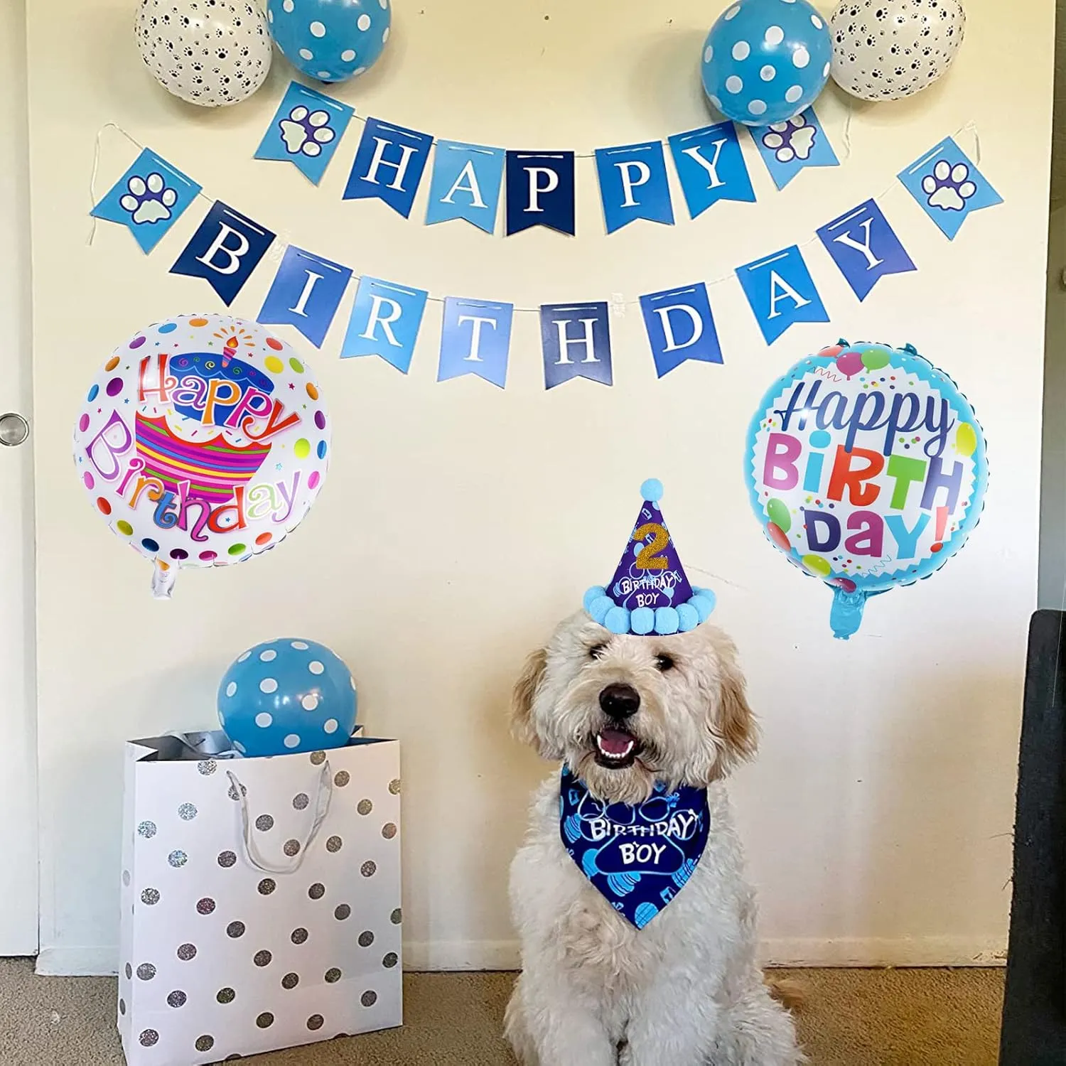 TCBOYING Dog Birthday Bandana, Dog Birthday Boy Hat Scarfs Flag Balloon with Cute Doggie Birthday Party Supplies Decorations(11-Piece Set) (Blue) (Style3, Blue)