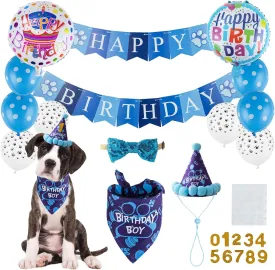 TCBOYING Dog Birthday Bandana, Dog Birthday Boy Hat Scarfs Flag Balloon with Cute Doggie Birthday Party Supplies Decorations(11-Piece Set) (Blue) (Style3, Blue)