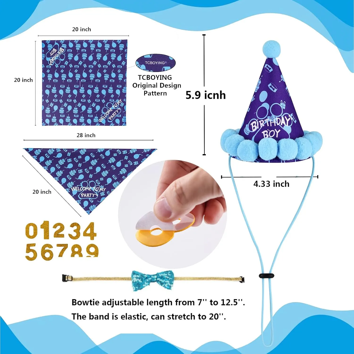 TCBOYING Dog Birthday Bandana, Dog Birthday Boy Hat Scarfs Flag Balloon with Cute Doggie Birthday Party Supplies Decorations(11-Piece Set) (Blue) (Style3, Blue)
