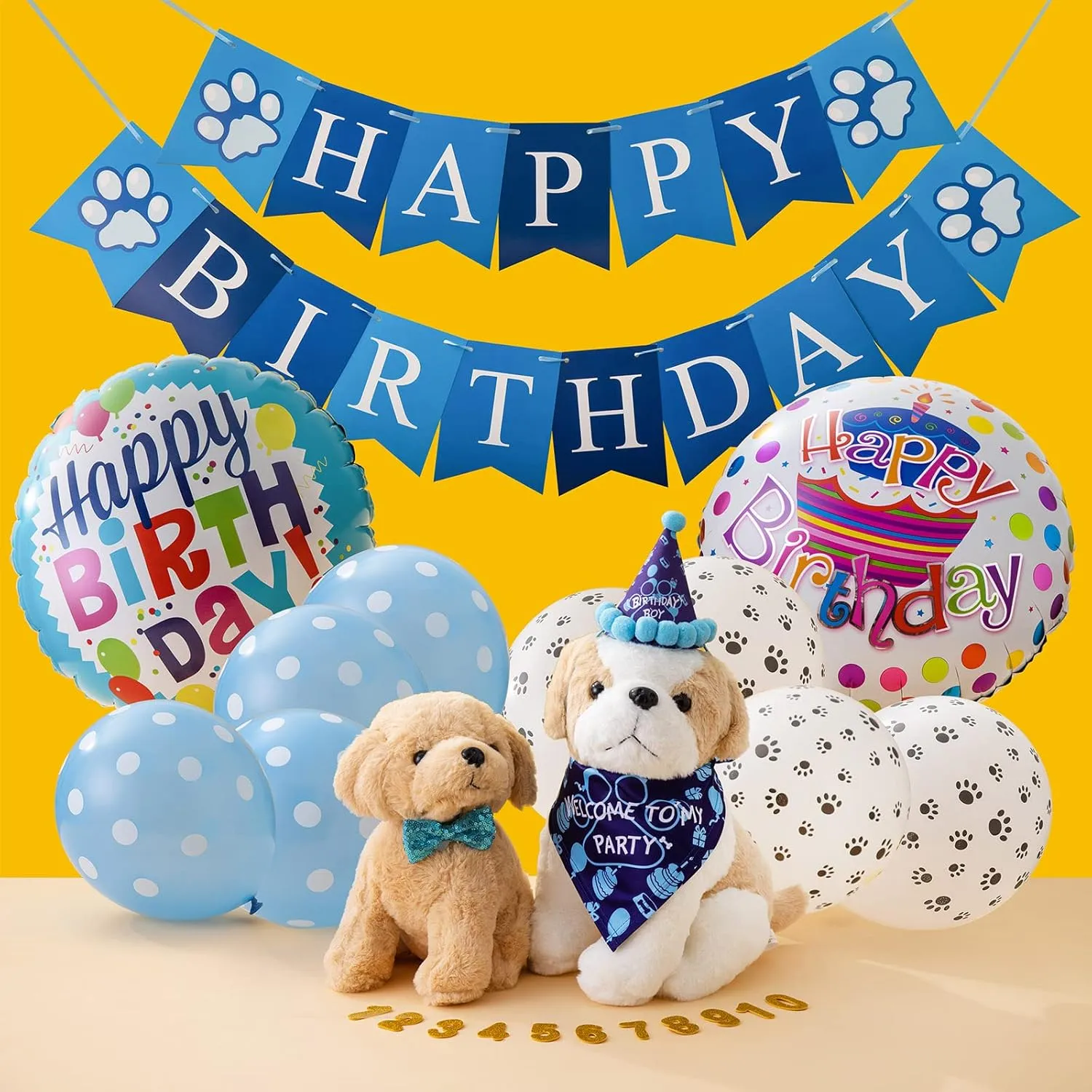 TCBOYING Dog Birthday Bandana, Dog Birthday Boy Hat Scarfs Flag Balloon with Cute Doggie Birthday Party Supplies Decorations(11-Piece Set) (Blue) (Style3, Blue)