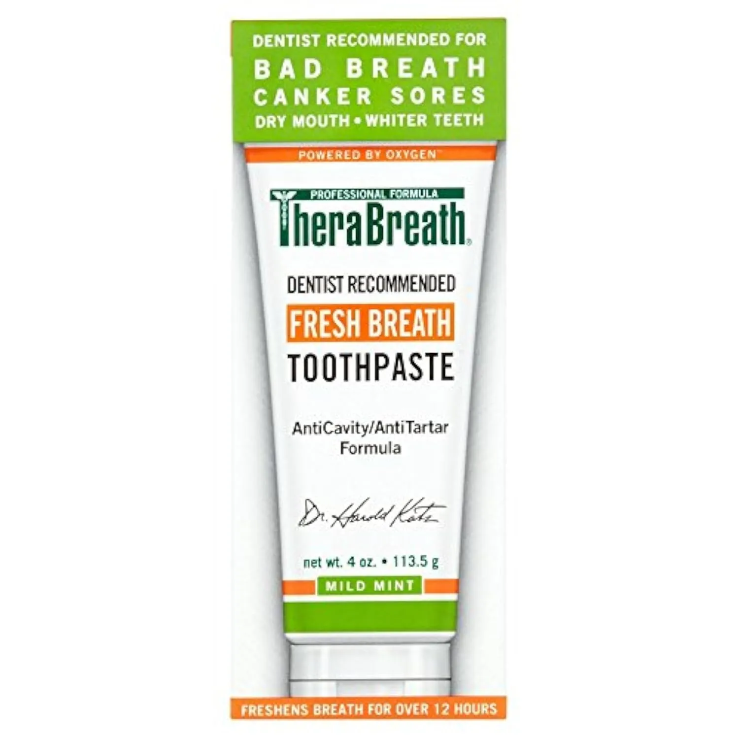 TheraBreath Fresh Breath Dentist Formulated 12-Hour Toothpaste, Mild Mint, 4 Ounce (Pack of 2), Packaging may vary