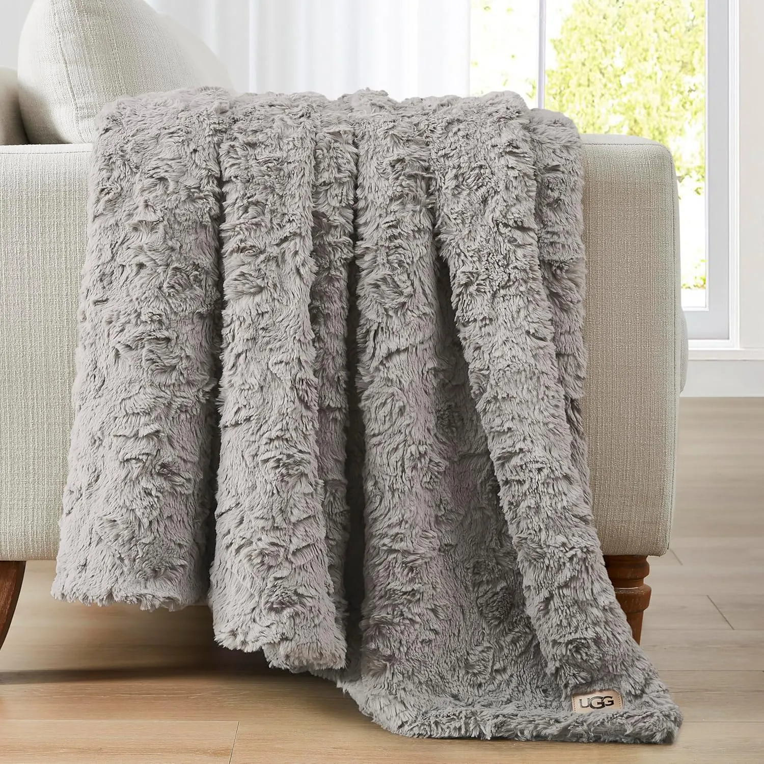UGG Adalee Faux Fur Throw Blanket Luxury Lightweight Cozy Soft Throw for Couch Bed or Chair Hypoallergenic Machine Washable Double-Sided Fluffy Blanket Home Decor, 50-inch x 70-inch, Seal Grey