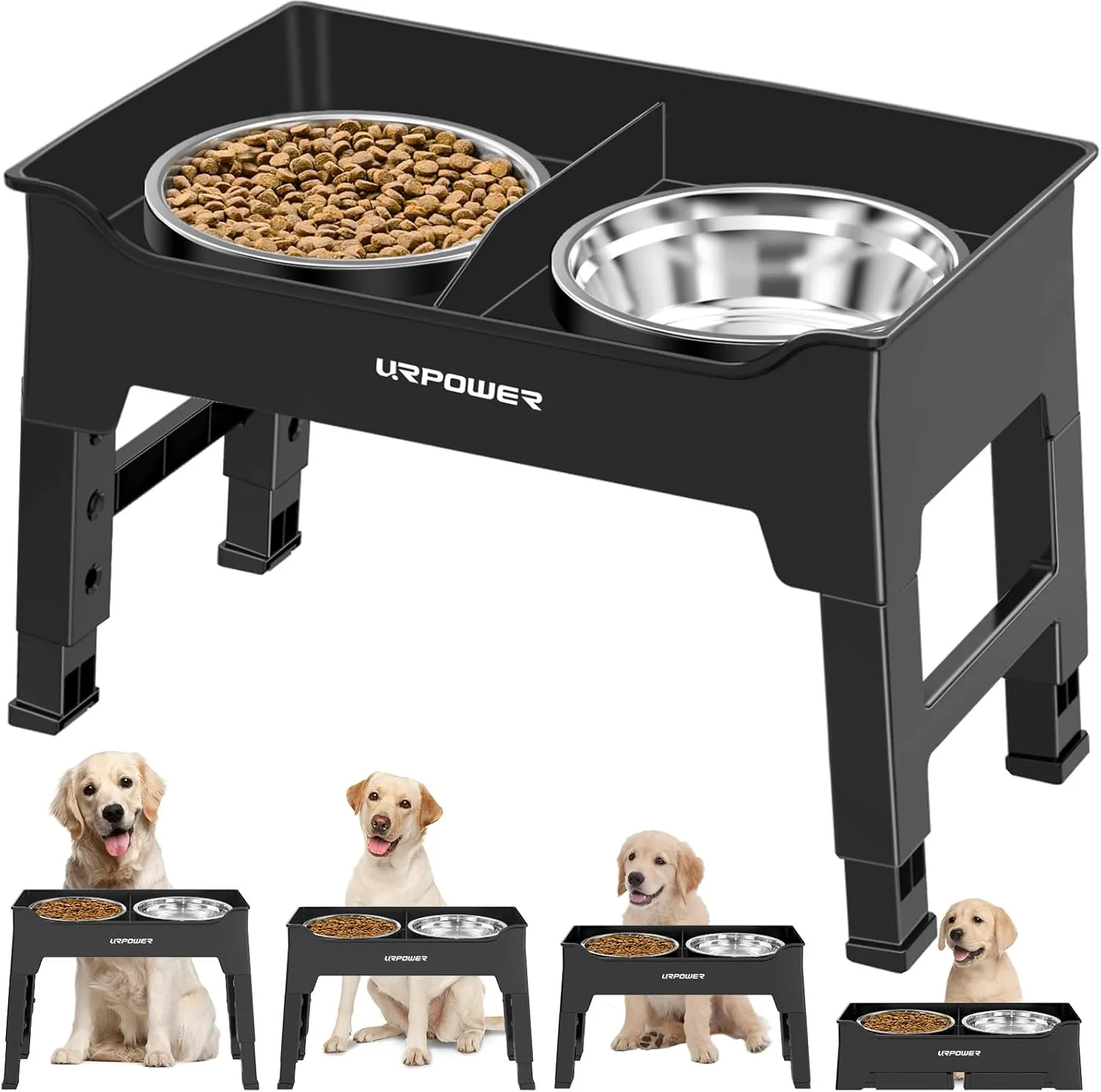 URPOWER Elevated Dog Bowls - Mess Proof, 4 Height Adjustable Stand with 2 Stainless Steel Food and Water Bowls, Non-Slip Base for Small, Medium, Large Dogs & Pets