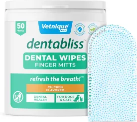 Vetnique Dentabliss - Dog Teeth Cleaning Finger Mitt Dental Wipe - Dog Plaque & Tartar Prevention with Brushing Beads - Flavored Dog Teeth Wipes, Dog Breath Freshener (Chicken)