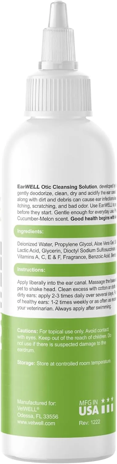 VetWELL Ear Cleaner for Dogs and Cats - Otic Rinse for Infections and Controlling Ear Infections and Odor in Pets - 8 oz (Cucumber Melon)