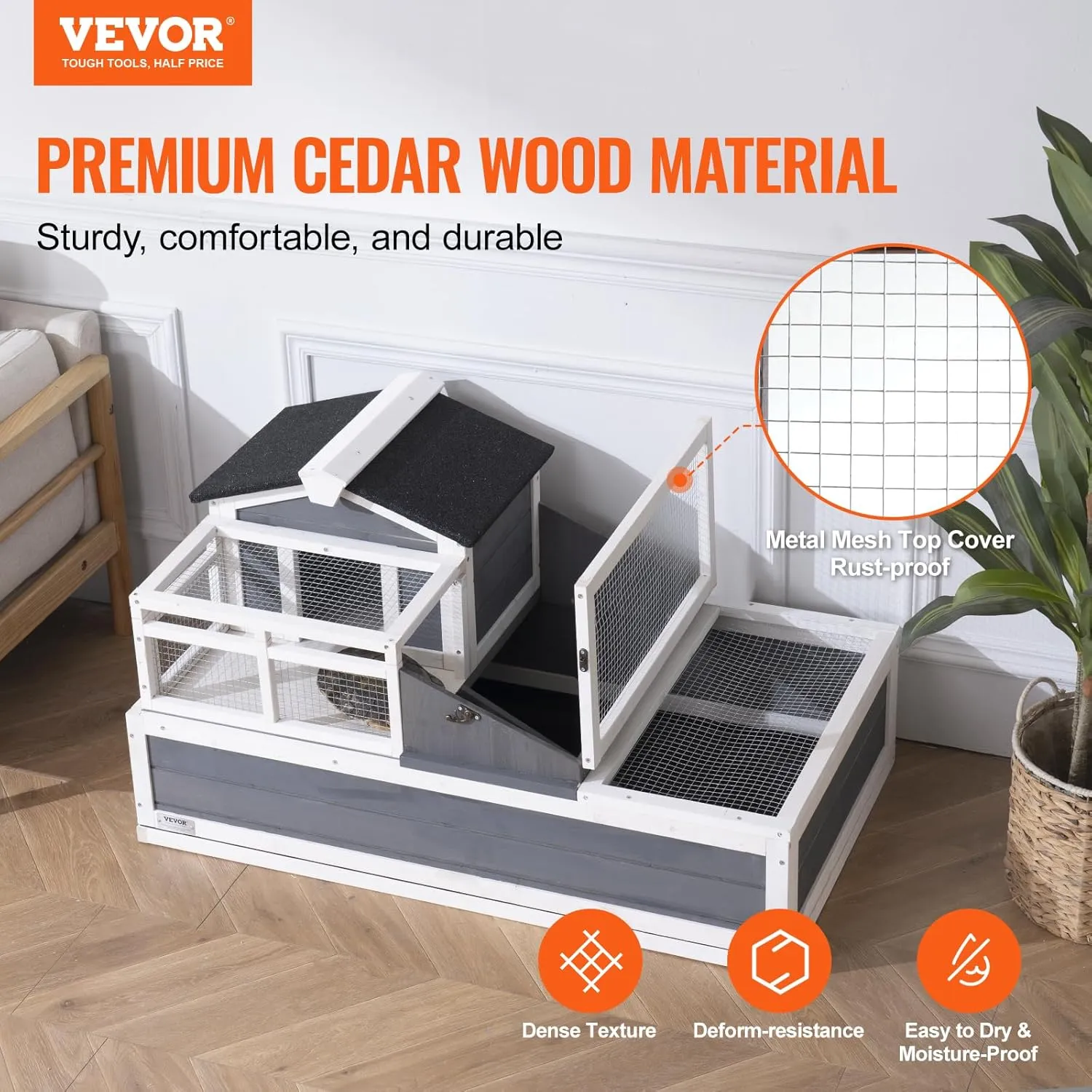VEVOR 3-Room Tortoise House,Tortoise Habitat with Balcony & 2 Stories, Cedar Wooden Tortoise Enclosure Indoor & Outdoor with Ramp, Tray, Openable Roof, Large Reptile Cage, 44" x 25.6"x 24"