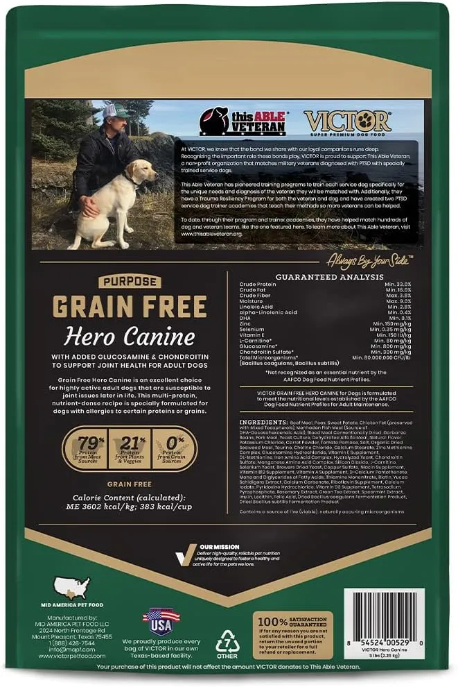 VICTOR Super Premium Dog Food  Purpose Hero Canine Kibble  Premium Gluten Free Dog Food for Active Adult Dogs  High Protein with Glucosamine and Chondroitin for Hip and Joint Health, 5lbs